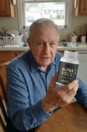 An adult man holding a bottle of AlphaRock capsules, shown as an illustrative editorial visual