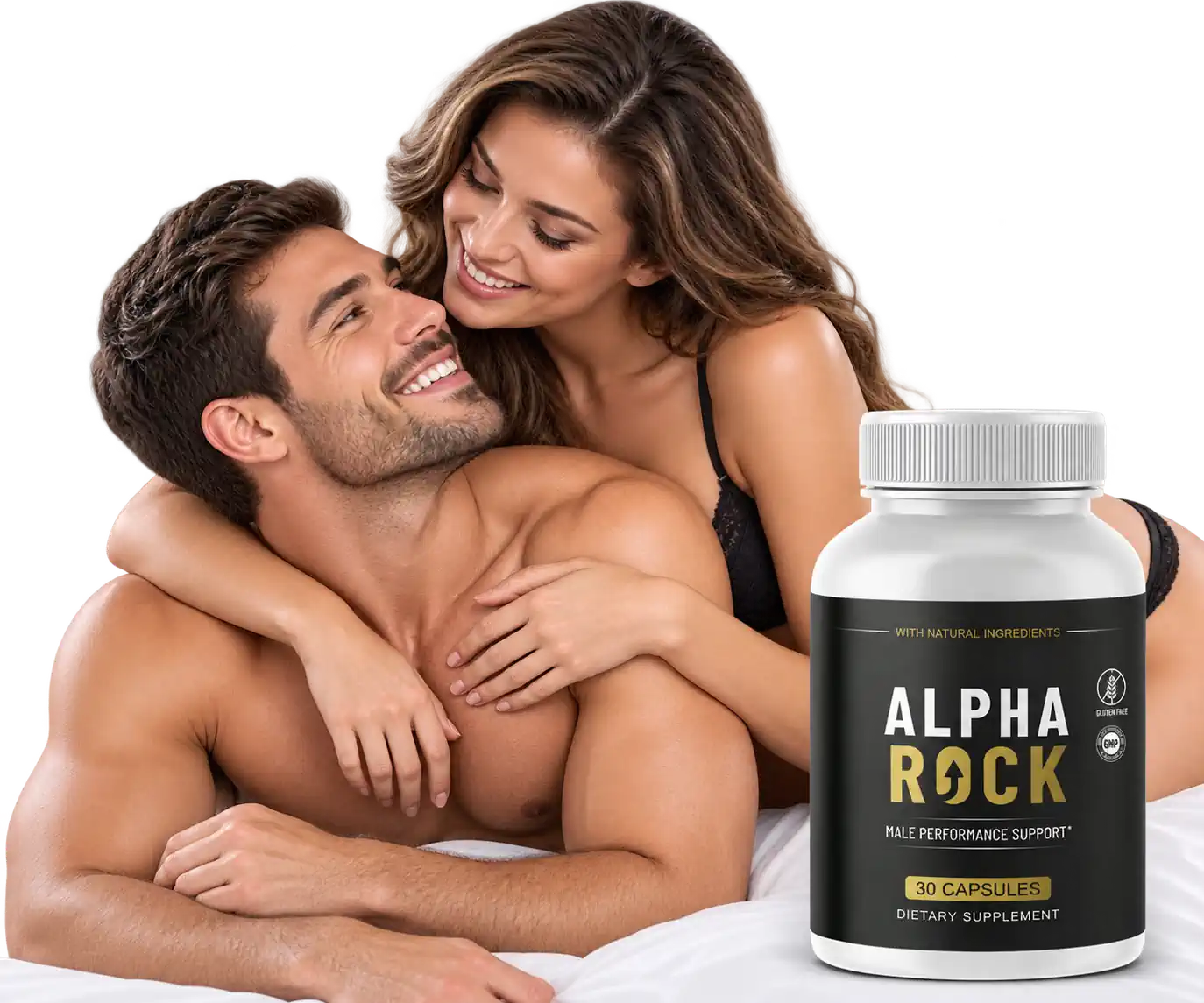 An adult couple photographed with AlphaRock male performance support capsules
