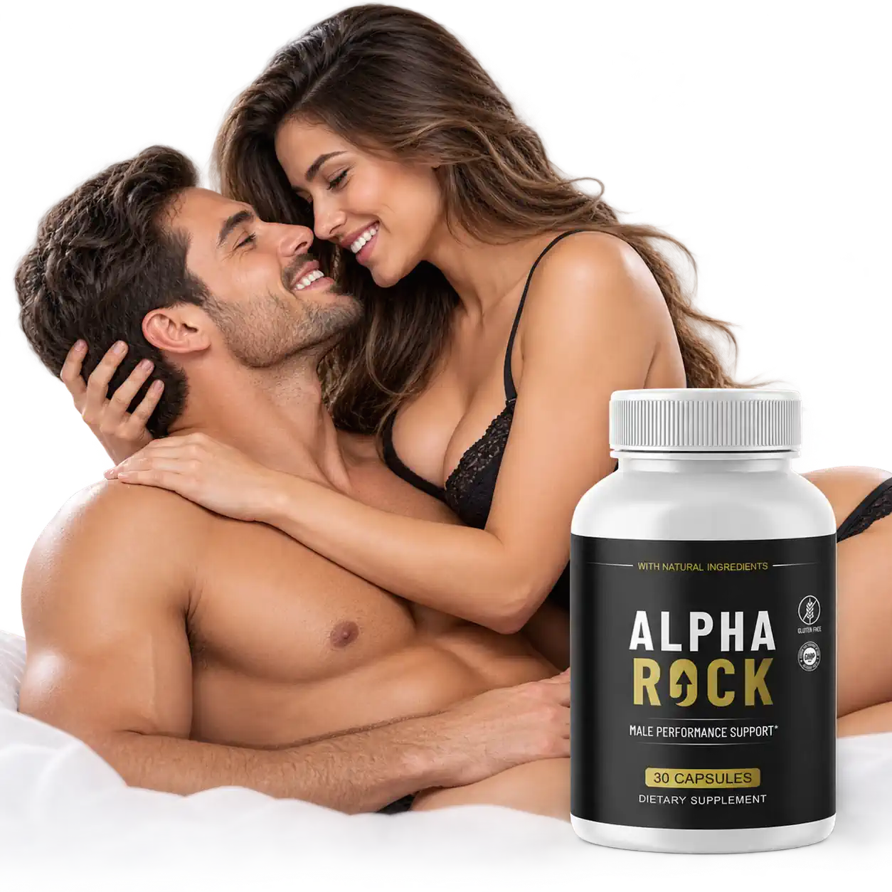 An adult couple relaxing together, with AlphaRock male performance support capsules